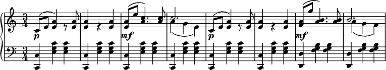 
 \relative c' {
  \new PianoStaff <<
   \new Staff { \key a \minor \time 3/4
    <<
   {
     c8( e <e a>4) s8 <e a>8 <e a>4 s4 <e a>4 <e a>8( e' <a, c>4.) <a c>8 c2. c,8( e <e a>4) s8 <e a>8 <e a>4 s4 <e a>4 <f a>8( g' <a, b>4.) <a b>8 b2.
   }
    \\
   {
     s8 s s4 r8 s8 s4 r4 s s8 s s4. s8 a4( g e) s8 s s4 r8 s8 s4 r4 s s8 s s4. s8 a4( g f)
   }
    >>
   }
   \new Dynamics {
    s8\p s s4 s8 s s4 s s s8\mf s s4.s8 s4 s s s8\p s s4 s8 s s4 s s s8\mf
   }
   \new Staff { \key a \minor \time 3/4 \clef bass
    <c, c,>4 <e g c> <e g c> <c c,>4 <e g c> <e g c> <c c,>4 <e g c> <e g c> <c c,>4 <e g c> <e g c> <c c,>4 <e g c> <e g c> <c c,>4 <e g c> <e g c> <d d,>4 <f g b> <f g b> <d d,>4 <f g b> <f g b>
   }
  >>
 }
