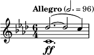  \relative c'' { \clef treble \key f \minor \time 6/4 \tempo "Allegro" 2. = 96 << { des2.~(des2 c4) } \\ { c,1.\ff } >> } 