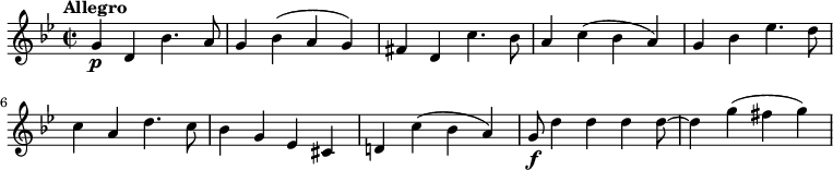 
\relative c'' {
  \version "2.18.2"
  \key bes \major
  \tempo "Allegro"
  \time 2/2
  g4 \p d bes'4. a8
  g4 bes (a g)
  fis d c'4. bes8
  a4 c (bes a)
  g bes ees4. d8
  c4 a d4. c8
  bes4 g ees cis
  d! c' (bes a)
  g8\f d'4 d d d8~ d4 g (fis g)
  }
