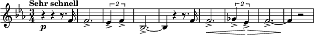 
{ \new PianoStaff <<
\new Staff \relative f' { \set Staff.midiInstrument = #"french horn" \key es \major \clef treble \time 3/4 \set Score.tempoHideNote = ##t \tempo "Sehr schnell" 4 = 195
 r4 \p r4 r8. f16 | % 2
 f2. -> | % 3
 \times 3/2 {
  es4 -> f4 ->
 }
 | % 4
 bes,2. ~ -> | % 5
 bes4 r4 r8. f'16 | % 6
 f2. \< -> | % 7
 \times 3/2 {
  ges4 -> es4 \! \> ->
 }
 | % 8
 f2. ~ -> | % 9
 f4 \! r2
 }
>> }
