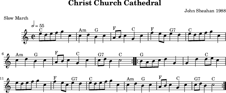 
X:91
T:Christ Church Cathedral
R:Slow March
C:John Sheahan 1988
O:Ireland
Z:Paul Hardy's Session Tunebook 2017 (see www.paulhardy.net). Creative Commons cc by-nc-sa licenced.
M:2/2
L:1/8
Q:1/2=55
K:Cmaj
"C"edef g2c2|"Am"c2d2 "G"B2c2|"F"ABc2 "C"G2c2|"F"f2ec "G7"e2d2|"C"edef g2c2|"Am"c2d2 "G"B2c2|"F"ABc2 "C"G2c2|"G7"cdB2 "C"c4:|
|:"G"BABc d2G2|G2d2 "C"dec2|edef g2c2|"F"f2ec "G7"e2d2|"C"edef g2c2|"Am"c2d2 "G"B2c2|"F"ABc2 "C"G2c2|"G7"cdB2 "C"c4:|
