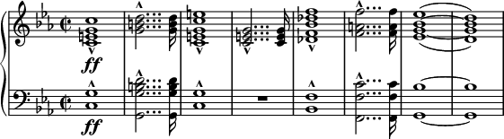 
\relative c' {
 \new PianoStaff <<
  \new Staff {
   \set Staff.midiInstrument = #"brass section" \key es \major \clef treble \time 2/2 \set Score.tempoHideNote = ##t \tempo 2 = 50
   <c e g c>1 \ff _^ |
   <g' b d>2... ^^ <g b d>16 |
   <c, e g c e>1 _^ |
   <c e g>2... _^ <c e g>16 |
   <des f bes des f>1 _^ |
   <f a f'>2... ^^ <f a f'>16 |
   \set doubleSlurs = ##t
   <es g bes es>1 ^( ~ |
   <d g bes d>1 ) |
  }
  \new Staff {
   \set Staff.midiInstrument = #"brass section" \key es \major \clef bass \time 2/2
   <c, g'>1 \ff ^^ |
   <g g' b d>2... ^^ <g g' b d>16 |
   <c g'>1 ^^ |
   R1 |
   <bes f'>1 ^^ |
   <f f' c'>2... ^^ <f f' c'>16 |
   <g bes'>1 ~ |
   <g bes'>1 |
  }
 >>
}
