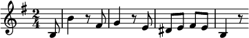 \relative b { \time 2/4 \key e \minor \partial 8 b8 b'4 r8 fis g4 r8 e dis e fis e b4 r8 } 