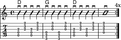 
\version "2.20.0"
\header {
  encoder="mjchael"
}

myChords = \new ChordNames { \chordmode {
    d1 g d s
}}

AA_D = {
  <a, d a>4 \downbow
  <a d' fis'> \downbow 
  <a, d a> \downbow
  <a d' fis'> \downbow 
}

AA_A = {
  <e, a, e>4 \downbow
  <a cis' e'> \downbow 
  <e, a, e> \downbow
  <a cis' e'> \downbow 
}

AA_G = {
  <g, b, d>4 \downbow
  <g b g'> \downbow 
  <g, b, d> \downbow
  <g b g'> \downbow 
}

myRhythm = {
  \repeat volta 4 {
  \AA_D \AA_G \AA_D <a d a d' fis'>1 \downbow
  \mark "4x"
}}

\score { << %layout
  \myChords
  \new Voice \with {
    \consists "Pitch_squash_engraver"
  }{
    \set Staff.midiInstrument = "acoustic guitar (nylon)"
    \improvisationOn
    \override NoteHead.X-offset = 0
    \myRhythm
  }
  \new TabStaff {
    \myRhythm
  }
>> \layout{} }

\score { << % midi
  \unfoldRepeats {
    \tempo 4 = 90
    \time 4/4
    \key d \major
    \set Staff.midiInstrument = #"acoustic guitar (nylon)"
    \myRhythm 
  }
>> \midi{} }

\paper {
  indent=0\mm
  line-width=180\mm
  oddFooterMarkup=##f
  oddHeaderMarkup=##f
  bookTitleMarkup=##f
  scoreTitleMarkup=##f
}
