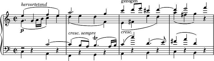 
{ \new PianoStaff <<
 \new Staff <<
  \set Score.tempoHideNote = ##t \new Voice \tempo 4 = 120 \relative e'' {
 \clef "treble" \key c \major \stemDown \set Staff.midiInstrument = #"piano" \time 2/2 | % 1
 g,4. _( a16 b16 c4 ) e4 | % 2
 d4 _( e4 d4 f,4 ) | % 3
 e4 ^"gezogen" _\markup{ \italic {cresc.} } _( fis4 e'4 d4 ) | % 4
 a'4 _( fis4 g4 ) r4 }
 \relative g' {
 \clef "treble" \key c \major \stemUp \time 2/2 | % 1
 e'4 \p ^\markup{ \italic {hervortetend} } ^( g,4 f'4 e4 ) | % 2
 a2. g4 | % 3
 c4 d8 e8 cis4 d4 ^~ | % 4
 d4 e2 f4 } >>
 \new Staff <<
  \new Voice \relative c' {
 \clef "bass" \key c \major \stemUp \set Staff.midiInstrument = #"piano" \time 2/2 | % 1
 r2 c2 ^~ | % 2
 c4 ^( b8 a8 ) b4. ^( \trill a16 b16
 ) | % 3
 c4 ^( c'4 ) d,4. ^( e8 ) | % 4
 fis4 ^( a4 d,4 ) r4 }
 \relative c {
 \key c \major \stemDown \time 2/2 | % 1
c4 r4 a4 r4 | % 2
 f4 ^\markup{ \italic {cresc. sempre} } r4 g4 r4 | % 3
 a4 r4 b4 r4 | % 4
 c4 r4 b4 s4 } >>
>> }
