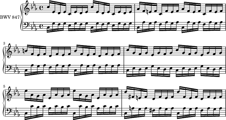 
\version "2.18.2"
\header {
  tagline = ##f
}

upper = \relative c'' {
    \clef treble 
    \key c \minor
    \time 4/4
    \tempo 4 = 84
    \set Staff.midiInstrument = #"harpsichord" 

   %% PRÉLUDE CBT I-2, BWV 847, ut mineur
   \repeat unfold 2 { c16 ees, d ees c ees d ees } 
   \repeat unfold 2 { aes16 f e f c f e f }
   \repeat unfold 2 { b16 f ees f d f ees f }
   \repeat unfold 2 { c'16 g f g ees g f g }
   \repeat unfold 2 { ees'16 aes, g aes ees aes g aes }
   \repeat unfold 2 { d16 fis, e fis d fis e fis }

}

lower = \relative c {
    \clef bass 
    \key c \minor
    \time 4/4
    \set Staff.midiInstrument = #"harpsichord" 

   \repeat unfold 2 { c16 g' f g ees g f g }
   \repeat unfold 4 { c,16 aes' g aes f aes g aes }
   \repeat unfold 2 { c,16 ees d ees g ees d ees }
   \repeat unfold 2 { c16 c' bes c aes c bes c }
   \repeat unfold 2 { c,16 a' g a fis a g a }

} 

\score {
  \new PianoStaff <<
    \set PianoStaff.instrumentName = #"BWV 847"
    \new Staff = "upper" \upper
    \new Staff = "lower" \lower
  >>
  \layout {
    \context {
      \Score
      \remove "Metronome_mark_engraver"
      %\override SpacingSpanner.common-shortest-duration = #(ly:make-moment 1/2) 
    }
  }
  \midi { }
}
