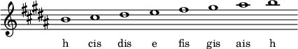 
\relative f'{
\key b \major
\override Staff.TimeSignature #'stencil = ##f
\cadenzaOn b1 cis dis e fis gis ais b \cadenzaOff
}
\addlyrics { \small {
h cis dis e fis gis ais h
} }
