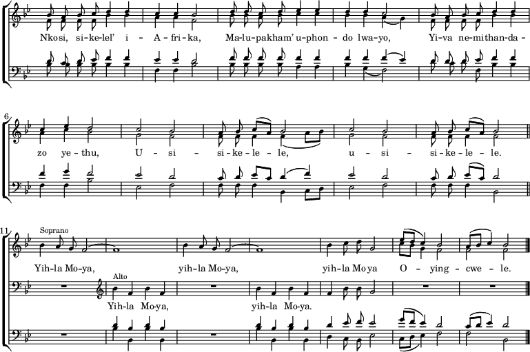 
\new ChoirStaff
<<
  \new Staff \with { midiInstrument="choir aahs" \magnifyStaff #5/7 } 
  \relative bes {
    \overrideProperty Score.NonMusicalPaperColumn.line-break-system-details #'((Y-offset . 10))
    \override Staff.TimeSignature.color = #white
    \override Staff.TimeSignature.layer = #-1
    \set Score.tempoHideNote = ##t
    \clef treble
    \tempo 4 = 80
    \key bes \major << {
      \voiceOne \autoBeamOff bes'8 a bes c d4 d c c bes2 d8 d c d es4 es d d c2 bes8 a bes c d4 d \break c es d2 c bes a8 bes \autoBeamOn c(a) bes2 c bes \autoBeamOff a8 bes \autoBeamOn c(a) bes2 \bar "||" \break \overrideProperty Score.NonMusicalPaperColumn.line-break-system-details #'((Y-offset . 57)) \stemNeutral bes4 ^Soprano \autoBeamOff a8 g f2 ~ f1 bes4 a8 g f2 ~ f1 bes4 c8 d g,2 \autoBeamOn \stemUp es'8(d c4) bes2 a8(bes c4) \tempo 4 = 50 bes2 \bar "|."
      } \new Voice {
      \voiceTwo \autoBeamOff f8 f f f bes4 bes a a f2 bes8 bes a bes c4 c bes bes a(g) f8 f f f bes4 bes a c bes2 g f f8 f f4 \autoBeamOn f(a8 bes) g2 f \autoBeamOff f8 f f4 f2 s1 * 5 \autoBeamOn c'8 bes g4 f2 f f
      }
    >>
  }
  \addlyrics { \override LyricText.font-size = #-1
    Nko -- si, si -- ke -- lel’ i -- A -- fri -- ka,
    Ma -- lu -- pa -- kham’ u -- phon -- do lwa -- yo,
    Yi -- va ne -- mi -- than -- da -- zo ye -- thu,
    U -- si -- si -- ke -- le -- le, u -- si -- si -- ke -- le -- le.
    Yih -- la Mo -- ya, yih -- la Mo -- ya,
    yih -- la Mo -- ya O -- ying -- cwe -- le.
  }
  \new Staff \with { midiInstrument="choir aahs" \magnifyStaff #5/7 }
  \relative bes, {
    \override Staff.TimeSignature.color = #white
    \override Staff.TimeSignature.layer = #-1
    \clef bass
    \key bes \major << {
      \voiceOne \autoBeamOff d'8 c d es f4 f es es d2 f8 f f f f4 f f f f(es) d8 d d es f4 f f g f2 es d c8 d \autoBeamOn es c \autoBeamOff d4(f) es2 d c8 d \autoBeamOn es(c) \autoBeamOff d2 \override MultiMeasureRest.staff-position = #0 R1 \clef treble ^Alto \stemNeutral bes'4 f bes f R1 bes4 f bes f f \autoBeamOff bes8 bes g2 R1 R
      } \new Voice {
      \voiceTwo \autoBeamOff bes,8 bes bes bes bes4 bes f f bes2 bes8 bes bes bes a4 a bes g(f2) d'8 c d f, bes4 bes f f bes2 es, f f8 f f4 bes, \autoBeamOn c8 d \autoBeamOff es2 f f8 f f4 bes,2
      }
    >>
  }
  \addlyrics { \override LyricText.font-size = #-1
    _ _ _ _ _ _ _ _ _ _ _ _ _ _ _ _ _ _ _ _ _ _ _ _ _ _ _ _ _ _ _ _ _ _ _ _ _ _ _ _
    Yih -- la Mo -- ya, yih -- la Mo -- ya.
  }
  \new Staff \with { midiInstrument="choir aahs" \magnifyStaff #5/7 }
  \relative bes,
  {
    \override Staff.TimeSignature.color = #white
    \override Staff.TimeSignature.layer = #-1
    \clef bass
    \key bes \major 
    \stopStaff
    \override Staff.Clef.color = #white
    \override Staff.Clef.layer = #-1
    \override Staff.KeySignature.color = #white
    \override Staff.KeySignature.layer = #-1
    \override Staff.BarLine.color = #white
    \override Staff.BarLine.layer = #-1
    \skip1 * 10
    \startStaff
    \override Staff.Clef.color = #black
    \override Staff.Clef.layer = #0
    \override Staff.KeySignature.color = #black
    \override Staff.KeySignature.layer = #0
    R1
    \override Staff.BarLine.color = #black
    \override Staff.BarLine.layer = #0 << {
      \voiceOne d'4 bes d bes \override MultiMeasureRest.staff-position = #0 R1 d4 bes d bes \autoBeamOff d4 es8 f es2 \autoBeamOn g8(f es4) d2 c8(d es4) d2
      } \new Voice {
      \voiceTwo bes4 bes, bes' bes, s1 bes'4 bes, bes' bes, \autoBeamOff d c8 bes es2 \autoBeamOn c8(d es4) f2 f bes,
      }
    >>
  }
>>
