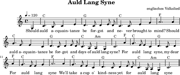 
X:1
T:Auld Lang Syne
C:englisches Volkslied
M:4/4
L:1/4
Q: 1/4=120
K:C
G,| "C"C>B, C E | "G"D>C D E/D/ | "C"C>C  E  G | "F"A3 
w:Should auld a-cquain-tance be for-got and_ ne-ver brought to mind?
A | "C"G>E  E C | "G"D>C D E/D/ | "C"C>A, "Am"A, G,| "C"C3
w:Should auld a-cquain-tance be for-got and_ days of auld lang syne?
"F"A | "C"G>E  E C | "G"D>C D "F"A    | "C"G>E  E  G | "F"A3 
w: For auld_ lang_ syne, my dear For auld_ lang_ syne
A | "C"G>E  E C | "G"D>C D E/D/ | "C"C>A, "Am"A, G,| "C"C3||
w:We'll take a cup o' kind-ness yet for_ auld_ lang_ syne
