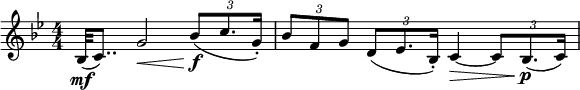 
\relative c' {
  \numericTimeSignature \key bes \major \time 4/4
   bes32\mf( c8..) g'2\< \tuplet 3/2 {bes8\f( c8. g16-.) } |
   \tuplet 3/2 {bes8 f g } \tuplet 3/2 {d( ees8. bes16-.) } c4\>~ 
   \tuplet 3/2 {c8 bes8.\p( c16) }
   }
