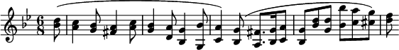 
  \relative c'' { \clef treble \key g \minor \time 6/8 \partial 8*1 <d bes>8( <c a>4 <bes g>8 <a fis>4 <c a>8 <bes g>4 <a d,>8 <g bes,>4 <bes g,>8 <a c,>4) <g bes,>8( <fis a,>8. <g bes,>16 <a c,>8 <g bes,> <bes d> <d g,> <bes' bes,> <a c,> <g cis,>) <f d> }
