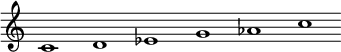 
 \relative c'  {\override Score.BarLine.stencil = ##f \override Score.TimeSignature.stencil = ##f c1 d ees g aes c}
