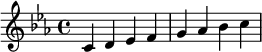  \relative c' { \clef treble\key c \minor c d es f | g as bes c } 