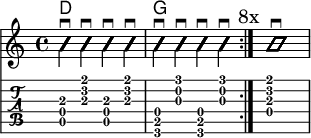 
\version "2.20.0"
\header {
  encoder="mjchael"
}

myChords = \new ChordNames { \chordmode {
    d1 g
}}

AA_D = {
  <a, d a>4 \downbow
  <a d' fis'> \downbow 
  <a, d a> \downbow
  <a d' fis'> \downbow 
}

AA_A = {
  <e, a, e>4 \downbow
  <a cis' e'> \downbow 
  <e, a, e> \downbow
  <a cis' e'> \downbow 
}

AA_G = {
  <g, b, d>4 \downbow
  <g b g'> \downbow 
  <g, b, d> \downbow
  <g b g'> \downbow 
}

myRhythm = {
  \repeat volta 8 {
  \AA_D \AA_G 
  \mark "8x"
}}

\score { << %layout
  \myChords
  \new Voice \with {
    \consists "Pitch_squash_engraver"
  }{
    \set Staff.midiInstrument = "acoustic guitar (nylon)"
    \improvisationOn
    \override NoteHead.X-offset = 0
    \myRhythm
    <a d a d' fis'>1 \downbow
  }
  \new TabStaff {
    \myRhythm
    <a d a d' fis'>1 \downbow
  }
>> \layout{} }

\score { << % midi
  \unfoldRepeats {
    \tempo 4 = 90
    \time 4/4
    \key d \major
    \set Staff.midiInstrument = #"acoustic guitar (nylon)"
    \myRhythm 
    <a d a d' fis'>1 \downbow
  }
>> \midi{} }

\paper {
  indent=0\mm
  line-width=180\mm
  oddFooterMarkup=##f
  oddHeaderMarkup=##f
  bookTitleMarkup=##f
  scoreTitleMarkup=##f
}
