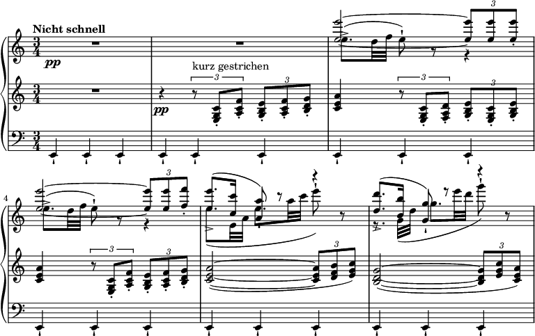 
{ \new PianoStaff <<
 \new Staff <<
  \set Score.tempoHideNote = ##t \new Voice \tempo "Nicht schnell" 4 = 120 \relative e'' {
 \clef "treble" \key a \minor \stemUp \set Staff.midiInstrument = #"piano" \time 3/4 | % 1
 s1. \pp | % 3
 <e e'>2 ~ ~ \once \override TupletBracket #'stencil = ##f
 \times 2/3 {
  <e e'>8 -! <e e'>8 <e e'>8 -.
 }
 | % 4
 <e e'>2 ~ ~ \once \override TupletBracket #'stencil = ##f
 \times 2/3 {
  <e e'>8 -! <e e'>8 <f f'>8 -.
 }
 | % 5
 <e e'>8. ^( -> <c c'>16 <a a'>8 ) -! r8 r4 | % 6
 <d d'>8. ^( -> <b b'>16 <g g'>8 ) -! r8 r4 }
 \relative e'' {
 \clef "treble" \key a \minor \stemDown \time 3/4 | % 1
 R2.*2 | % 3
 e8. ( -> d32 f32 e8 ) -! r8 r4
 | % 4
 e8. ( -> d32 f32 e8 ) -! r8 r4 | % 5
 e8. _( e,32 a32 e'8. a32 c32 e8 ) -! r8 | % 6
 r8. g,,32 _( d'32 g8. e'32 d32 g8 ) -! r8 } >>
\new Staff \relative e { \set Staff.midiInstrument = #"piano" \key a \minor \clef treble \time 3/4
 R2. | % 2
 r4 \pp \times 2/3 {
  r8 ^"kurz gestrichen" <e g c>8 -. <a c f>8 -.
 }
 \once \override TupletBracket #'stencil = ##f
 \times 2/3 {
  <g b e>8 -. <a c f>8 -. <b d g>8 -.
 }
 | % 3
 <c e a>4 \times 2/3 {
  r8 <e, g c>8 -. <f a d>8 -.
 }
 \once \override TupletBracket #'stencil = ##f
 \times 2/3 {
  <g b e>8 -. <e g c>8 -. <g b e>8 -.
 }
 | % 4
 <c e a>4 \times 2/3 {
  r8 <e, g c>8 -. <a c f>8 -.
 }
 \once \override TupletBracket #'stencil = ##f
 \times 2/3 {
  <g b e>8 -. <a c f>8 -. <b d g>8 -.
 }
 | % 5
 <c e a>2 ( ~ ~ ~ \once \override TupletBracket #'stencil = ##f
 \times 2/3 {
  <c e a>8 <d f b>8 <e g c>8 )
 }
 | % 6
 <b d g>2 ( ~ ~ ~ \once \override TupletBracket #'stencil = ##f
 \times 2/3 {
  <b d g>8 <e g c>8 <c e a>8 )
 } }
\new Staff \relative e, { \set Staff.midiInstrument = #"piano" \key a \minor \clef bass \time 3/4
 e4 -! e4 -! e4 -! | % 2
 e4 -! e4 -! e4 -! | % 3
 e4 -! e4 -! e4 -! | % 4
 e4 -! e4 -! e4 -! | % 5
 e4 -! e4 -! e4 -! | % 6
 e4 -! e4 -! e4 -! }
>> }
