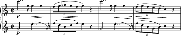 
{ \new PianoStaff <<
\new Staff \relative e''' { \set Staff.midiInstrument = #"piano" \key c \major \clef treble \time 2/2 \set Score.tempoHideNote = ##t \tempo 2 = 43
 e4.. \p g,16 \< g4 g4 | % 2
 \once \override TupletBracket #'stencil = ##f
 \times 4/5 {
  f8 \! \> (g8 as8 g8 f8
 }
 g4 \! ) r4 | % 3
 e'4.. g,16 g4 \< g4 | % 4
 \once \override TupletBracket #'stencil = ##f
 \times 4/5 {
  f8 \! \> (g8 f8 e8 d8
 }
 c4 \! ) r4
 }
\new Staff \relative g' { \set Staff.midiInstrument = #"piano" \key c \major \clef treble \time 2/2
 g2 \p e'4.. (g,16 ) | % 2
 \once \override TupletBracket #'stencil = ##f
 \times 4/5 {
  f'8 (d8 b8 d8 f8 )
 }
 e4 r4 | % 3
 g,2 e'4.. (g,16 ) | % 4
 \once \override TupletBracket #'stencil = ##f
 \times 4/5 {
  f'8 (d8 b8 g8 b8 )
 }
 c4 r4 }
>> }
