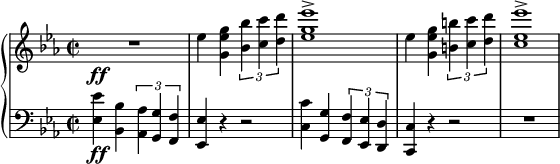 
{ \new PianoStaff <<
\new Staff \relative es'' { \set Staff.midiInstrument = #"piano" \key es \major \clef treble \time 2/2 \set Score.tempoHideNote = ##t \tempo 2 = 60
 R1 \ff | % 2
 es4 <g, es' g>4 \times 2/3 {
  <bes bes'>4 <c c'>4 <d d'>4
 }
 | % 3
 <es g es'>1 -> | % 4
 es4 <g, es' g>4 \times 2/3 {
  <b b'>4 <c c'>4 <d d'>4
 }
 | % 5
 <c es es'>1 ->
 }
\new Staff \relative es { \set Staff.midiInstrument = #"piano" \key es \major \clef bass \time 2/2
 <es es'>4 \ff <bes bes'>4
 \times 2/3 {
  <as as'>4 <g g'>4 <f f'>4
 }
 | % 2
 <es es'>4 r4 r2 | % 3
 <c' c'>4 <g g'>4 \times 2/3 {
  <f f'>4 <es es'>4 <d d'>4
 }
 | % 4
 <c c'>4 r4 r2 | % 5
 R1 }
>> }
