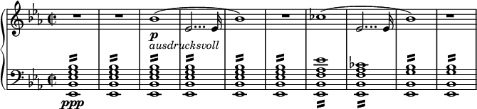 
{ \new PianoStaff <<
\new Staff \relative bes' { \set Staff.midiInstrument = #"piano" \key es \major \clef treble \time 2/2 \set Score.tempoHideNote = ##t \tempo 2 = 60
 R1*2 | % 3
 bes1 \p _\markup{ \italic{ ausdrucksvoll} } (| % 4
 es,2... es16 | % 5
 bes'1 ) | % 6
 R1 | % 7
 ces1 (| % 8
 es,2... es16 | % 9
 bes'1 )
 r1
 }
\new Staff \relative es, { \set Staff.midiInstrument = #"piano" \key es \major \clef bass \time 2/2
 <es bes' es g bes>1 \ppp :16 | % 2
 <es bes' es g bes>1 :16 | % 3
 <es bes' es g bes>1 :16 | % 4
 <es bes' es g bes>1 :16 | % 5
 <es bes' es g bes>1 :16 | % 6
 <es bes' es g bes>1 :16 | % 7
 <es bes' f' as es'>1 :16 | % 8
 <es bes' f' as ces>1 :16 | % 9
 <es bes' g' bes>1 :16 |
 <es bes' g' bes>1 :16 }
>> }
