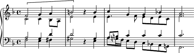 
   \new PianoStaff <<
      \new Staff <<
         \new Voice \relative c' {
             \stemUp \clef treble \key f \major \time 4/4
             \[ f2 g4 a
             b2 \] r4 b
             c4 g g bes!
             a2.
             }
         \new Voice \relative c' {
             \stemDown
              c2 c4 bes8 a
              e'2 s4 e
              e4. f8 e d e c
              f2.
              }
            >>
     \new Staff <<
         \new Voice \relative c' {
             \stemUp \clef bass \key f \major \time 4/4
             a2 g4 d'
             d2 r4 gis,
             a8 b c4 c c
             c2.
             }
         \new Voice \relative c {
             \stemDown
             f2 e4 fis
             gis2 s4 e
             a8 g!16 f e8 d c bes! a g!
             f2.
             }
         >>
    >>
