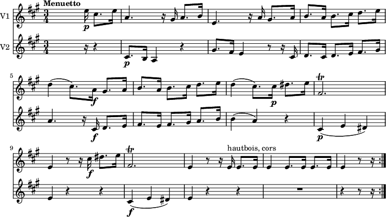 
<<
  \new Staff \with { instrumentName = #"V1 "}  
  \relative c'' {
    \version "2.18.2"
    \key a \major
    \tempo "Menuetto"
    \tempo 4 = 110
    \time 3/4
     s4 s8. e16 \p  cis8. e16
     a,4. r16 gis16 a8. b16
     e,4. r16 a16 gis8. a16
     b8. a16 b8. cis16 d8. e16
     d4 (cis8.) a16 \f gis8. a16
     b8. a16 b8. cis16 d8. e16
     d4 (cis8.) cis16\p dis8. e16
     fis,2. \trill
     e4 r8 r16 cis'16 \f dis8. e16
     fis,2.\trill 
     e4 r8 r16 e16^\markup {hautbois, cors} e8. e16
     e4 e8.  e16 e8. e16
     e4 r8 r16 \bar ":|."
  }
  \new Staff \with { instrumentName = #"V2 "}
  \relative c'' {
    \key a \major
    \time 3/4
   s4 s8.  r16 r4 
   cis,8.\p b16 a4 r4 
   gis'8. fis16 e4 r8 r16 cis16
   d8. cis16 d8. e16 fis8. gis16
   a4. r16 cis,16 \f  d8. e16
   fis8. e16 fis8. gis16 a8. b16
   b4 (a) r4
   cis,\p (e dis)
   e r4 r4
   cis4\f (e dis) 
   e r4 r4
   R2. r4 r8 r16 \bar ":|."
  }
>>
