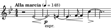  \relative c' { \clef treble \key g \minor \numericTimeSignature \time 4/4 \tempo "Alla marcia" 4 = 148 r2 ees~(\< | ees2.\!\p_"espr." e4~ | e4.\< f8~ f4\! c'4~\> | c2.\! } 