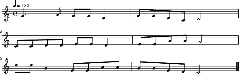 
\relative {
    \set Staff.midiInstrument = #"piano"
	\key c \major
	\time 4/4
	\tempo 4 = 120
    \new Voice \relative c' {
	g'4. a8 g8 g8 e4 g8 g8 e8 c8 d2 \bar "|" \break
    c8 c8 d8 d8 e8 e8 d4 e8 e8 a8 a8 g2 \bar "|" \break
	c8 c8 g4 e8 e8 a8 a8 g8 g8 e8 d8 c2 \bar "|."
    }
}
