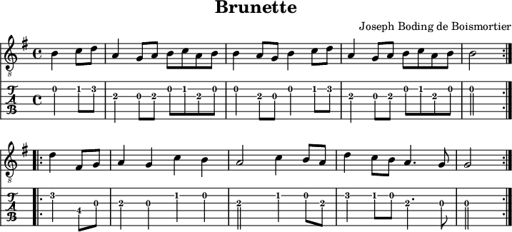 
\version "2.20.0"
\header {
  title="Brunette"
  composer = "Joseph Boding de Boismortier"
  encoder="mjchael"
}

myKey = {
  \tempo 4 = 120
  %% Tempo ausblenden
  \set Score.tempoHideNote = ##t
  \time 4/4
  \key g \major
  \set Staff.midiInstrument = #"acoustic guitar (nylon)"
  \clef "G_8"
}
%% Diskant- bzw. Melodiesaiten
myDiskant = \relative c' {
  \repeat volta 2 {
    \partial 2 b4 c8 d |
    a4 g8 a b c a b | 
    b4 a8 g  b4 c8 d |
    a4 g8 a b c a b | b2 
  }
  \break
  \repeat volta 2 {
    \partial 2 d4 fis,8 g |
    a4 g c b | a2 c4 b8 a |
    d4 c8 b a4. g8 | g2
  }
  %\bar "|."
}

%{ Bass ist auskommentiert
%% Basssaiten, die hier nur mit dem Daumen gespielt werden.
myBass = {
}
%}

%% Layout- bzw. Bildausgabe
\score {
  <<
    {
      %% Noten
      \new Staff  <<
        \myKey
        %% Noten im Diskant
        \myDiskant
%{ Bass ist auskommentiert
        \\
        %% Noten im Bass - beachte: 
        \myBass
%}
      >>
    }
    %% Tabulatur
    \new TabStaff {
      \tabFullNotation
      <<
        %% Tabulatur im Diskant
        \myDiskant
%{ Bass ist auskommentiert
        \\
        %% Tabulatur im Bass
        \myBass
%}
      >>
    }
  >>
  \layout {}
}
%% Midiausgabe mit Wiederholungen, ohne Akkorde
\score {
  <<
    \unfoldRepeats {
      \new Staff  <<
        \myKey
        \clef "G_8"
        \myDiskant
       % \\
       % \myBass
      >>
    }
  >>
  \midi {}
}
%% unterdrückt im raw="!"-Modus das DinA4-Format.
\paper {
  indent=0\mm
  %% DinA4 = 210mm - 10mm Rand - 20mm Lochrand = 180mm
  line-width=180\mm
  oddFooterMarkup=##f
  oddHeaderMarkup=##f
  % bookTitleMarkup=##f
  scoreTitleMarkup=##f
}
