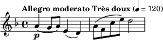 \relative c'' {\key f \major \tempo "Allegro moderato Très doux" 4 = 120 a4\p (g8 a8) e4 (d4) a'8 (f8 c'8 e8) d2}