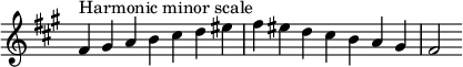  {
\omit Score.TimeSignature \relative c' {
  \key fis \minor \time 7/4 fis^"Harmonic minor scale" gis a b cis d eis fis eis d cis b a gis fis2
} }
