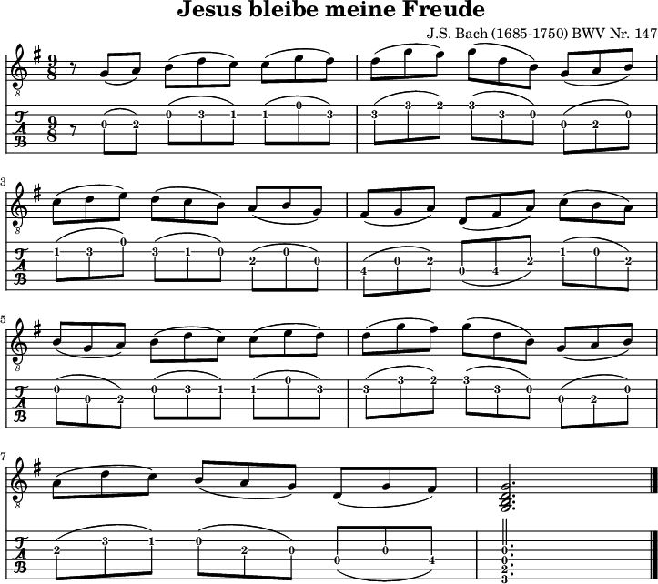 
\version "2.20.0"
\header {
  title="Jesus bleibe meine Freude"
  composer = "J.S. Bach (1685-1750) BWV Nr. 147"
  encoder="mjchael"
}
%Diskant- bzw. Melodiesaiten
Diskant = \relative c' {
  r8 g( a)     b( d c)      c( e d)
  d( g fis)   g( d b )     g( a b) \break
  c( d e)     d( c b)      a( b g)
  fis( g a)   d,( fis a)   c( b a) \break
  b( g a)     b( d c)      c( e d)
  d( g fis)   g( d b)      g( a b) \break
  a( d c)     b( a g)      d( g fis)
  <g, b d g>2.
  \bar "|."
}
%Basssaiten, die hier nur mit dem Daumen gespielt werden.
Bass = {
}
% Layout- bzw. Bildausgabe
\score {
  <<
    \new ChordNames {
      \chordmode {
      }
    }
    {
      %Noten
      \new Staff  <<
        \tempo 4 = 120
        %Tempo für die kurzen Beispiele ausblenden
        \set Score.tempoHideNote = ##t
        \time 9/8
        \key g \major
        \set Staff.midiInstrument = #"acoustic guitar (nylon)"
        \clef "G_8"
        % Noten im Diskant
        \Diskant
       % \\
        % Noten im Bass - beachte: 
       % \Bass
      >>
    }
    % Tabulatur
    \new TabStaff {
      \tabFullNotation
      <<
        % Tabulatur im Diskant
        \Diskant
       % \\
        % Tabulatur im Bass
       % \Bass
      >>
    }
  >>
  \layout {}
}
% Midiausgabe mit Wiederholungen, ohne Akkorde
\score {
  <<
    \unfoldRepeats {
      \new Staff  <<
        \tempo 4 = 120
        \time 9/8
        \key g \major
        \set Staff.midiInstrument = #"acoustic guitar (nylon)"
        \clef "G_8"
        \Diskant
       % \\
       % \Bass
      >>
    }
  >>
  \midi {}
}
% unterdrückt im raw="!"-Modus das DinA4-Format.
\paper {
  indent=0\mm
  % DinA4 = 210mm - 10mm Rand - 20mm Lochrand = 180mm
  line-width=180\mm
  oddFooterMarkup=##f
  oddHeaderMarkup=##f
  % bookTitleMarkup=##f
  scoreTitleMarkup=##f
}
