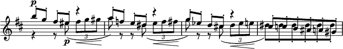 
\relative c' \new Staff \with { \remove "Time_signature_engraver" } {
 \key d \major \time 3/4 \tempo ""
  <<
   {
    b''8-. ^\p [ g-.] fis-. eis-. r4 a8-.[ f-.] e-. dis-. r4
    g8-.[ es-.] d-. cis!-. r4 cis8-. c-. b-. ais-. a-. gis-.
   }
  \\
   {
    r4 r8 eis'_\p ( \times 2/3 { fis8\< g gis } a8\! ) r r dis,( \times 2/3 { e8\< f fis }
    g8\! ) r r cis,( \times 2/3 { d8\< es e } dis8\! ) dis-. dis-. dis-. dis-. dis-.
   }
  >>
}
