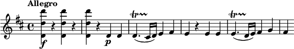 
\relative c' {
 \tempo "Allegro"
 \key d \major
 <d d' d'>4\f r q r |
 q4 r d\p d |
 d4.\startTrillSpan(cis16\stopTrillSpan d) e4 fis |
 e4 r e e |
 e4.\startTrillSpan(d16\stopTrillSpan e) fis4 g |
 fis4
}
