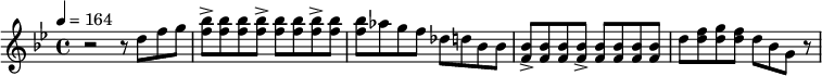 
  \new Staff {
    \set Staff.midiInstrument = #"overdriven guitar"
    \relative b' {
      \key bes \major
      \time 4/4
      \tempo 4 = 164
      r2 r8 d8 [f8 g8] | <f bes>8-> <f bes>8 <f bes>8 <f bes>8-> <f bes>8 <f bes>8 <f bes>8-> <f bes>8 | <f bes>8 as8 g8 f8 des8 d8 bes8 bes8 | <f bes>8-> <f bes>8 <f bes>8 <f bes>8-> <f bes>8 <f bes>8 <f bes>8 <f bes>8| d'8 <d f>8 <d g>8 <d f>8 d8 bes8 g8 r8 |
    }
  }
