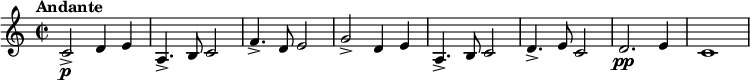 
\relative c' { \set Staff.midiInstrument = #"french horn"
  \set Staff.midiMinimumVolume = #0.7
  \set Staff.midiMaximumVolume = #1.0
  \tempo "Andante"
  \tempo 4 = 80
  \key c \major
  \time 2/2
  c2->\p d4 e4 | a,4.-> b8 c2 | f4.-> d8 e2 | g-> d4 e | a,4.-> b8 c2 | d4.-> e8 c2 | d2.\pp e4 | c1
}
