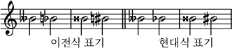  {
\omit Score.TimeSignature \relative c'' {
  beses2 bes_"이전식 표기" bisis2 bis
 \bar "||" \accidentalStyle modern beses bes_"현대식 표기" bisis2 bis
} }
