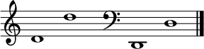 
\new Staff \with
{
  \omit TimeSignature
  fontSize = #2
  \override StaffSymbol.staff-space = #1.25
  \override StaffSymbol.thickness = #1.25
  \override Clef.full-size-change = ##t
  \override BarLine.hair-thickness = #2.4
  \override BarLine.thick-thickness = #7.5
  \override BarLine.kern = #3.75
  \override BarLine.transparent = ##t
}
{
  \time 18/8
  \clef treble
  s8
  d'1 d''
  s8
  \grace s8
  \clef bass
  \bar "|"
  s8
  d,1 d
  \override Staff.BarLine.transparent = ##f
  \bar "|."
}
