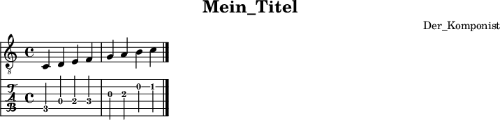 
\version "2.20.0"
\header {
  title="Mein_Titel"
  composer = "Der_Komponist"
  encoder="mjchael"
}

myKey = {
  \tempo 4 = 120
  %% Tempo ausblenden
  \set Score.tempoHideNote = ##t
  \time 4/4
  \key c \major
  \set Staff.midiInstrument = #"acoustic guitar (nylon)"
  \clef "G_8"
}
%% Diskant- bzw. Melodiesaiten
myDiskant = \relative c {
  c4 d e f  g a b c
  \bar "|."
}

%{ Bass ist auskommentiert
%% Basssaiten, die hier nur mit dem Daumen gespielt werden.
myBass = {
}
%}

%% Layout- bzw. Bildausgabe
\score {
  <<
    {
     
      %% Noten
      \new Staff  <<
        \myKey
        %% Noten im Diskant
        \myDiskant
%{ Bass ist auskommentiert
        \\
        %% Noten im Bass - beachte: 
        \myBass
%}
      >>
    }
    %% Tabulatur
    \new TabStaff {
      \tabFullNotation
      <<
        %% Tabulatur im Diskant
        \myDiskant
%{ Bass ist auskommentiert
        \\
        %% Tabulatur im Bass
        \myBass
%}
      >>
    }
  >>
  \layout {}
}
%% Midiausgabe mit Wiederholungen, ohne Akkorde
\score {
  <<
    \unfoldRepeats {
      \new Staff  <<
        \myKey
        \clef "G_8"
        \myDiskant
       % \\
       % \myBass
      >>
    }
  >>
  \midi {}
}
%% unterdrückt im raw="!"-Modus das DinA4-Format.
\paper {
  indent=0\mm
  %% DinA4 = 210mm - 10mm Rand - 20mm Lochrand = 180mm
  line-width=180\mm
  oddFooterMarkup=##f
  oddHeaderMarkup=##f
  % bookTitleMarkup=##f
  scoreTitleMarkup=##f
}
