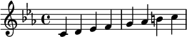  \relative c' { \clef treble\key c \minor c d es f | g as b c } 