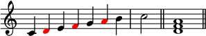 
{
\override Score.TimeSignature #'stencil = ##f
\relative c' {
  \clef treble
  \time 7/4 c4 \once \override NoteHead.color = #red d e \once \override NoteHead.color = #red f g \once \override NoteHead.color = #red a b \time 2/4 c2 \bar "||"
  \time 4/4 <d, f a>1 \bar "||"
} }
