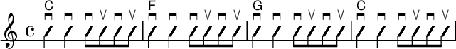 
<<
  \new ChordNames {
  \chordmode {
  c1 f g c
  }
  }

 \new Voice \with {
  \consists "Pitch_squash_engraver"
  }{
  \set Staff.midiInstrument = "acoustic guitar (nylon)"
  \improvisationOn
  \override NoteHead.X-offset = 0

  <c e g>4 \downbow 
  <g c' e'>4 \downbow 
  <c e g>8 \downbow 
  <c e g>8 \upbow
  <g c' e'>8 \downbow 
  <g c' e'>8 \upbow
  
  <f a c'>4 \downbow 
  <a c' f'>4 \downbow 
  <f a c'>8 \downbow 
  <f a c'>8 \upbow
  <a c' f'>8 \downbow 
  <a c' f'>8 \upbow

  <g, b, d>4 \downbow 
  <g b g'>4 \downbow 
  <g, b, d>8 \downbow 
  <g, b, d>8 \upbow
  <g b g'>8 \downbow 
  <g b g'>8 \upbow

  <c e g>4 \downbow 
  <g c' e'>4 \downbow 
  <c e g>8 \downbow 
  <c e g>8 \upbow
  <g c' e'>8 \downbow 
  <g c' e'>8 \upbow
  }
>>
