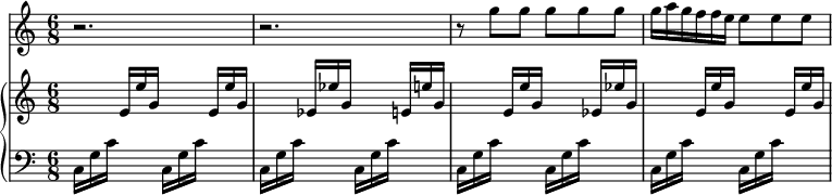 
<<
\new Staff \with {
    midiInstrument = "Flute" 
  } {
    \time 6/8
    \relative c''' {
      r2. | r | r8 g g g g g |
      g16 a g f f e e8 e e |
    }
}
\new PianoStaff <<
  \new Staff \with {
    midiInstrument = "Orchestral Harp" 
  } {
    \time 6/8
    \relative c' {
    s16 s s e e' g, s s s e e' g, 
    s s s es es' g, s s s e e' g, 
    s s s e e' g,   s s s es es' g,
    s s s e e' g, s s s e e' g, 
    }
  }
  \new Staff \with {
    midiInstrument = "Orchestral Harp" 
  } {
  \clef bass 
    \time 6/8
    \relative {
      c16 g' c s s s  c,16 g' c s s s
      c,16 g' c s s s  c,16 g' c s s s
      c,16 g' c s s s  c,16 g' c s s s
      c,16 g' c s s s  c,16 g' c s s s
    }
  }
>>
>>
\midi {
  \context {
    \Score
    tempoWholesPerMinute = #(ly:make-moment 58 4)
  }
}
