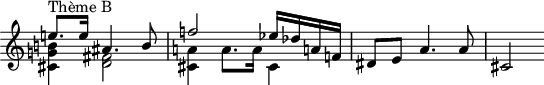 
\version "2.14.2"
\header {
  tagline = ##f
}

\score {
  \new Staff \with {
    \remove "Time_signature_engraver"

  }
  \relative c'' {
    \key c \major
    \time 3/4
    \tempo 4 = 82
    \clef treble
    \override Rest #'style = #'classical
  % thème B
  {
   << { e!8.^"Thème B" e16 ais,4. b8 } \\ { < cis, g'! b! >4  < d fis >2 } >>
   << { f'!2 ees16 des a! f! }  \\ { < cis a'! >4 a'8. a16 cis,4 } >>
   dis8 e a4. a8 | cis,2
  }

  }
  \layout {
    \context {
      \Score
      \remove "Metronome_mark_engraver"

    }
  }
  \midi {}
}
