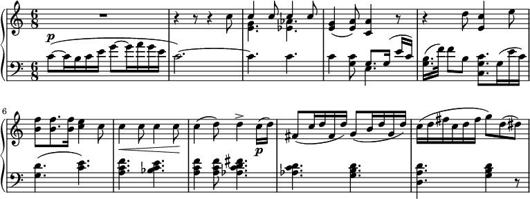 
 \relative c' {
  \new PianoStaff <<
   \new Staff { \key a \minor \time 6/8 \set Score.tempoHideNote = ##t
     \tempo "" 8 = 105
R1*6/8 r4 r8 r4 c'8
    <<
   {c4 c8 c4 c8}
    \\
   {<e, g>4. <ees aes>4.}
    >>
{<e g>4( <e a>8) <c a'>4 r8 r4 d'8 <c e,>4 e8 <b f'> <b f'>8. <b f'>16 <c e>4 c8 c4\< c8 c4 c8\! c4( d8) d4-> c16\p( d) fis,8( c'16 d fis, d') \stemUp g,8( b16 d g, d') \stemNeutral c16( d fis c d fis g8) d( dis)}
   }
   \new Staff { \key a \minor \time 6/8 \clef bass \relative c'
{c8~( ^\markup{ \dynamic p} c16 b c e g8 ~ g16 a g e c2.~) c4. c4. c4 <c g>8
    <<
      \voiceOne { g8.[ g16(] e'[ c)] }
    \\
      \voiceTwo{e,4.}
    >>
\oneVoice <b' g>16.[( f'32]) f8[ b,] <c, g' c>8.[ g'16( e' c)] <g d'>4.( <c e>4.) <a c f>4. <bes c e>4. <a c f>4 <a c f>8 <aes c d fis>4. <aes c d>4. <g b d>4. <d a' d>4. <g b d>4 r8 }
    }
  >>
 }
