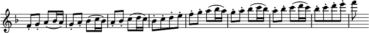 { \override Score.TimeSignature #'stencil = ##f \key f \major \time 2/4 \relative c' { f8-. g-. a( bes16 a) | g8-. a-. bes( c16 bes) | a8-. bes-. c( d16 c) | bes8-.[ c-. d-. e-.] | f-. g-. a( bes16 a) | g8-. a-. bes( c16 bes) | a8-. bes-. c( d16 c) | bes8-.[ c-. d-. e-.] | f s } }