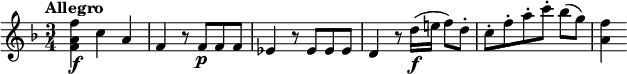 
\relative c'' {
  \tempo "Allegro"
  \key f \major
  \time 3/4
  <f a, f>4\f c a |
  f4 r8 f\p f f |
  es4 r8 es es es |
  d4 r8 d'16\f( e! f8) d-. |
  c8-. f-. a-. c-. bes([ g)] |
  <f a,>4
}
