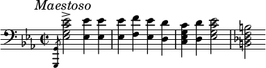 {
\clef bass \key es \major \time 2/2 \tempo 4=95
\set Score.tempoHideNote=##t
\mark \markup { \italic { Maestoso } }
\slashedGrace{ <g,, g,>8 }
<es g c' es'>2\accent <es es'>4 <es es'>4
<es es'>4 <f f'>4 <es es'>4 <d d'>4
<c es g c'>4 <d d'>4 <es g c' es'>2
<b, des f b>2
}