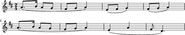 
 \relative d''{
   \key d \major
   \time 2/4

% 1st time
   a8. (b16 a8 g8 fis8 g8 a4) e8 (fis8 g4) fis8 (g8 a4) \break

% 2nd time
   a8. (b16 a8 g8 fis8 g8 a4) e4 (a4 fis8 d4.)
  }
