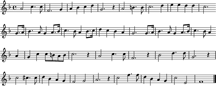  
{ 
\clef treble \key f \major \tempo 4=100 \set Staff.midiInstrument = "piano" {
      \set Score.tempoHideNote = ##t
      \override Score.BarNumber  #'transparent = ##t 
      \time 4/4 
      \transpose c c'
      \relative
      { a2 c4. c8 | f,2. g4 | a bes c d | g,2. r4 | a2 b4. b8 | c2. d4 | e e d d | c2. \bar"" \break 
      g8. a16 | bes4. a8 g4 a8. bes16 | c4. bes8 a4 bes8. c16 | d4 c bes a | g2. g8. a16 | bes4. a8 g4 a8. bes16 | c4. bes8 a4 \bar"" \break
      a | g c c8 b a b | c2. r4 | a2 c4. c8 | f,2. r4 | bes2 d4. d8 | g,2. r4 | \break
      c2 cis4. cis8 | d4 bes a g | f2 g | a2. r4 | c2 f4. f8 | d4 bes a g | c2 e, | f1 \bar "|."}
    }
  } 
