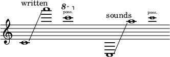 
    {
      \new Staff \with { \remove "Time_signature_engraver" }
      \clef treble \key c \major \cadenzaOn
      c'1 ^ \markup "written" \glissando a'''1
      \tweak font-size #-2 \ottava #+1 c''''1 \finger \markup \text "poss."
      \ottava #0 \hide r1
      c1 ^ \markup "sounds" \glissando a''1
      \tweak font-size #-2 c'''1 \finger \markup \text "poss."
    }
  