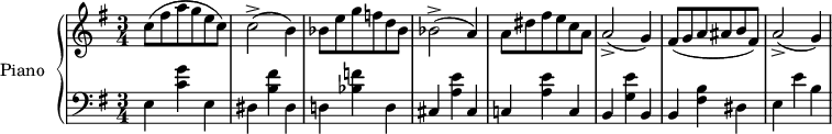 
\version "2.14.2"
\header {
  tagline = ##f
}
upper = \relative c'' {
  \clef treble 
  \key e \minor
  \time 3/4
  \tempo 4 = 130
  \tempo "Vivace"
  %\autoBeamOff
  \set Score.currentBarNumber = #26

   c8( fis a g e c) c2->( b4) bes8 e g f! d bes bes2->( a4)
   a8 dis fis e c a a2->( g4) fis8( g a ais b fis) a2->( g4)

}

lower = \relative c {
  \clef bass
  \key e \minor
  \time 3/4
    
   e4 < g' c, >4 e, dis < fis' b, > dis, d! < f'! bes, > d, 
   cis < e' a, > cis, c! < e' a, > c, b < e' g, > b,
   b  < b' fis > dis, e e' b
   

} 

\score {
  \new PianoStaff <<
    \set PianoStaff.instrumentName = #"Piano"
    \new Staff = "upper" \upper
    \new Staff = "lower" \lower
  >>
  \layout {
    \context {
      \Score
      \remove "Metronome_mark_engraver"
    }
  }
  \midi { }
}
